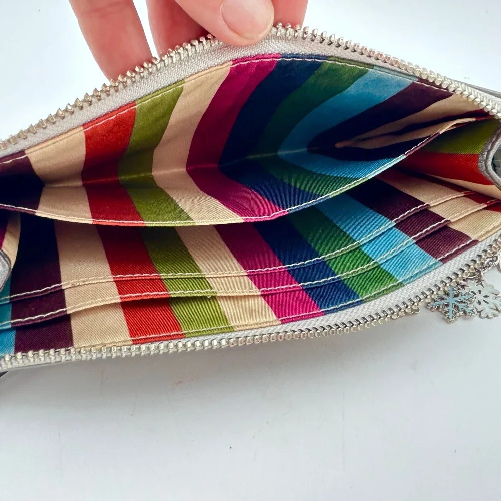 Coach Metallic Silver Leather Wristlet Snowflake Charm Striped Lining Clutch
